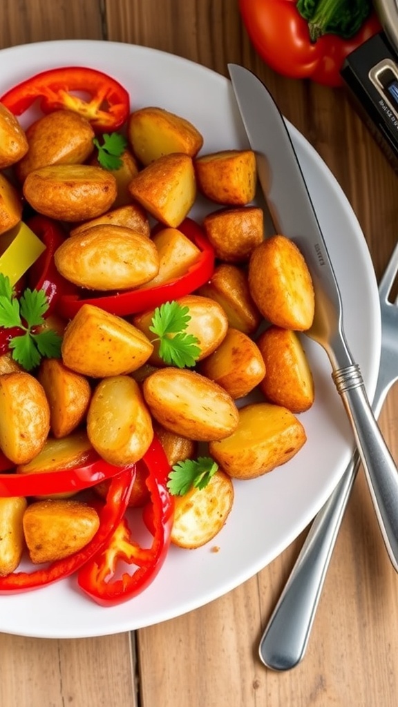 Crispy air-fried potatoes and bell peppers garnished with parsley on a rustic table.